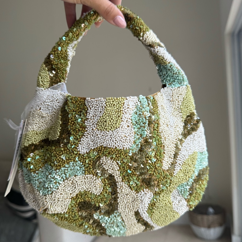 Handmade Green & Cream Beaded Hobo Bag – Sequin Abstract Pattern - Picture 3 of 7